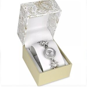 NIB Charter Club Silver-Tone Crystal Flower Women Bracelet Quartz Watch 25 MM